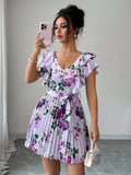 VESTIDO DE MUJER CON CUELLO V CON VOLANTES