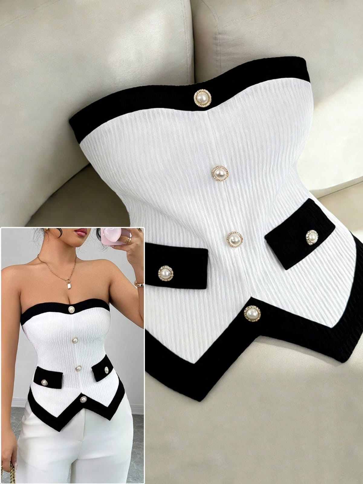 TOP DE MUJER CON BOTONES DE PERLA