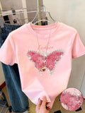 CAMISA DE MUJER CON DIBUJO DE MARIPOSA Y PERLAS
