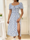 VESTIDO BLANCO CON FLORES AZUL DE MUJER