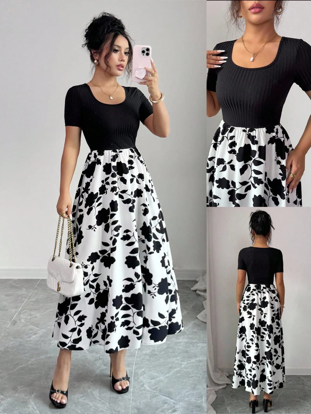 VESTIDO LARGO DE MUJER BLANCO Y NEGRO