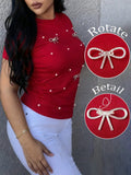 CAMISA ROJA CON PERLAS DE MUJER