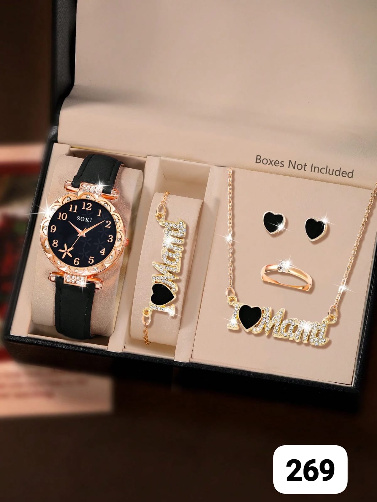 RELOJ DE MUJER + ACCESORIOS NEGROS