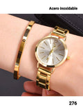 RELOJ + PULSERA DORADA DE MUJER