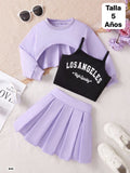 3 PIEZAS DE CONJUNTO MORADO LILA DE FALDA DE NIÑA