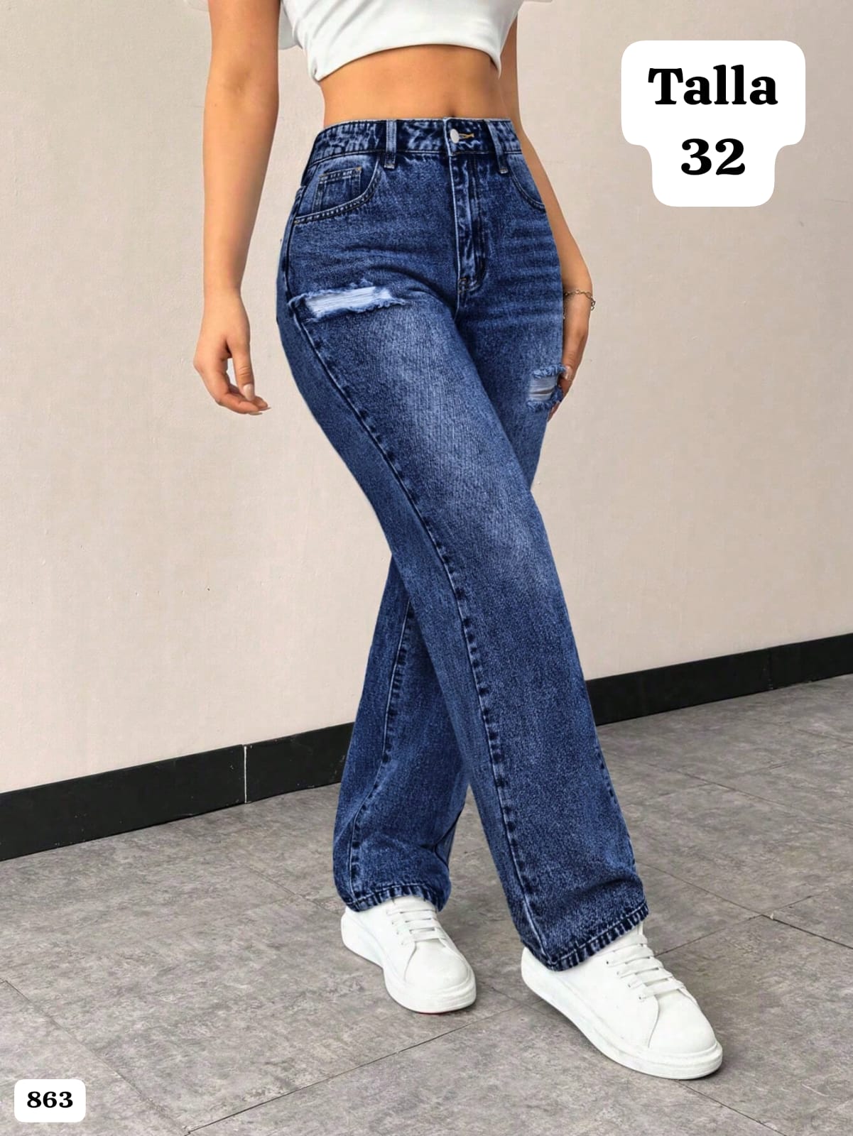 PANTALON AZUL PRE-LAVADO ANCHO DE MUJER