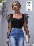 BLUSA NEGRA CON MANGAS CLRAS Y PUNTOS NEGROS