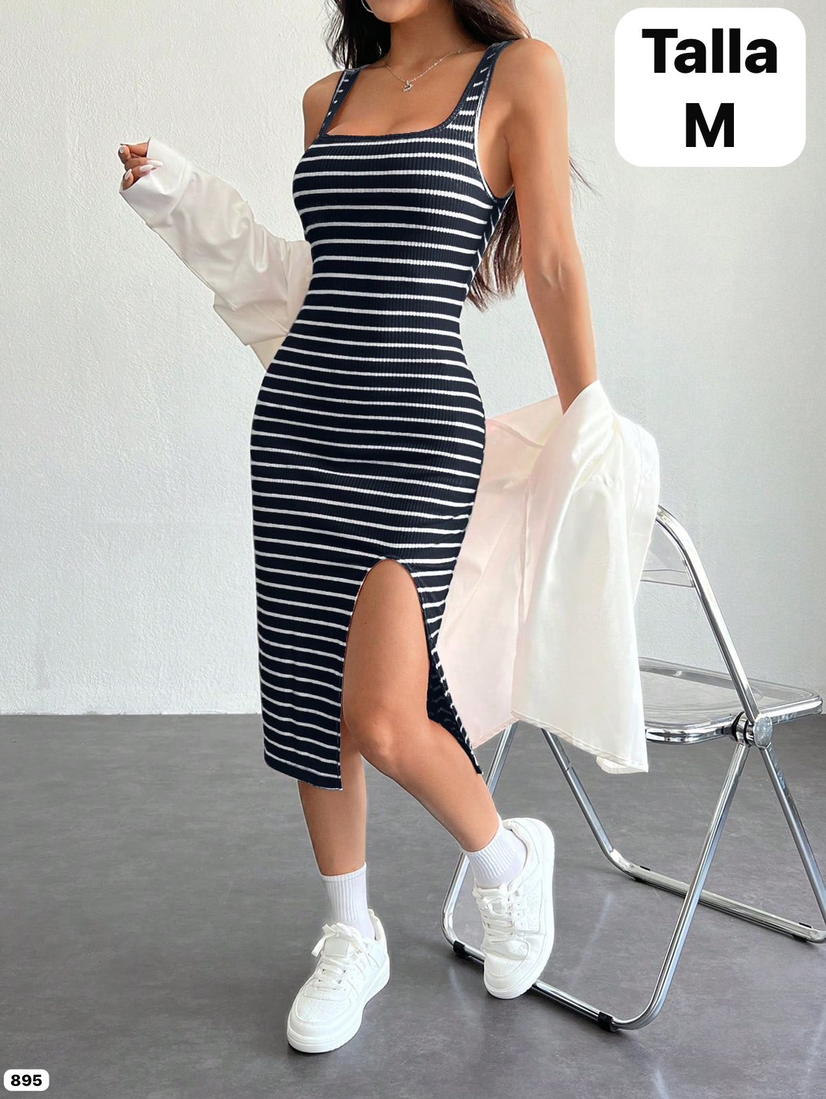 VESTIDO PEGADO CON RAYAS BLANCAS DE MUJER