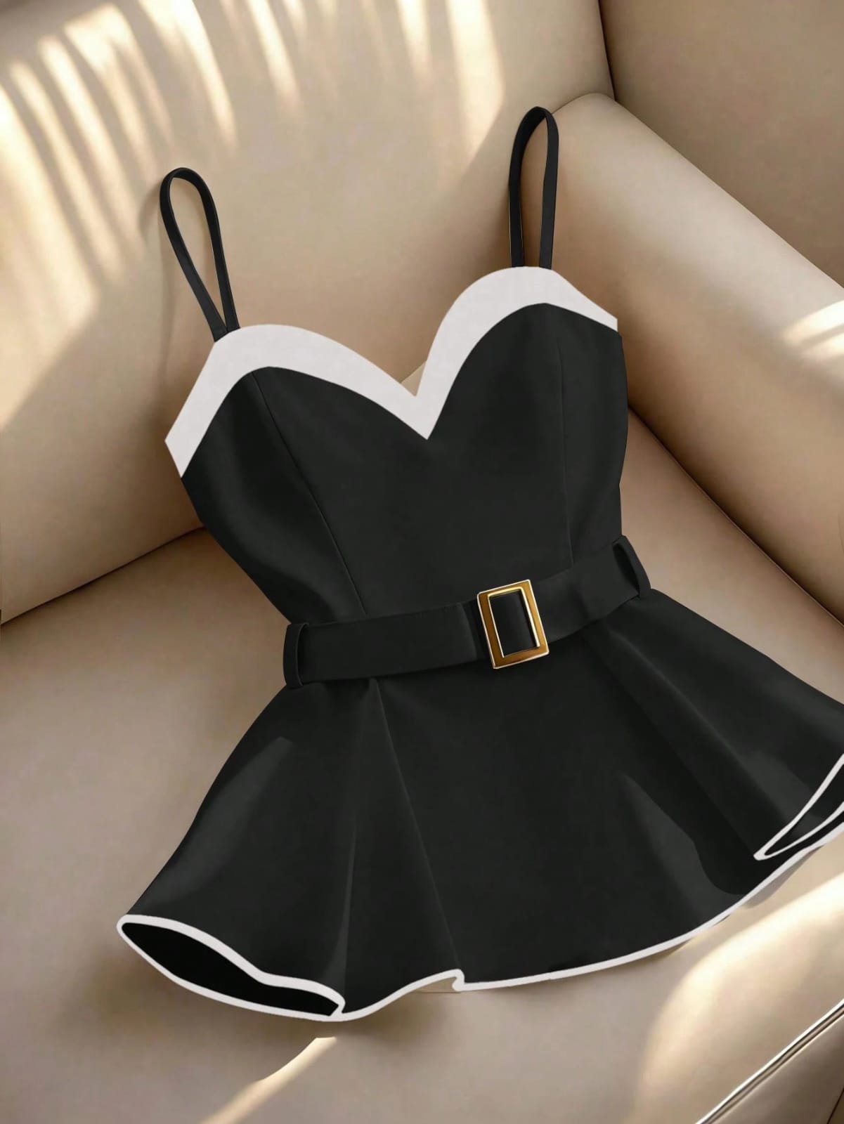 BLUSA DE TIRANTES CON CUELLO DE CORAZÓN Y CINTURÓN CON HEBILLA DORADA