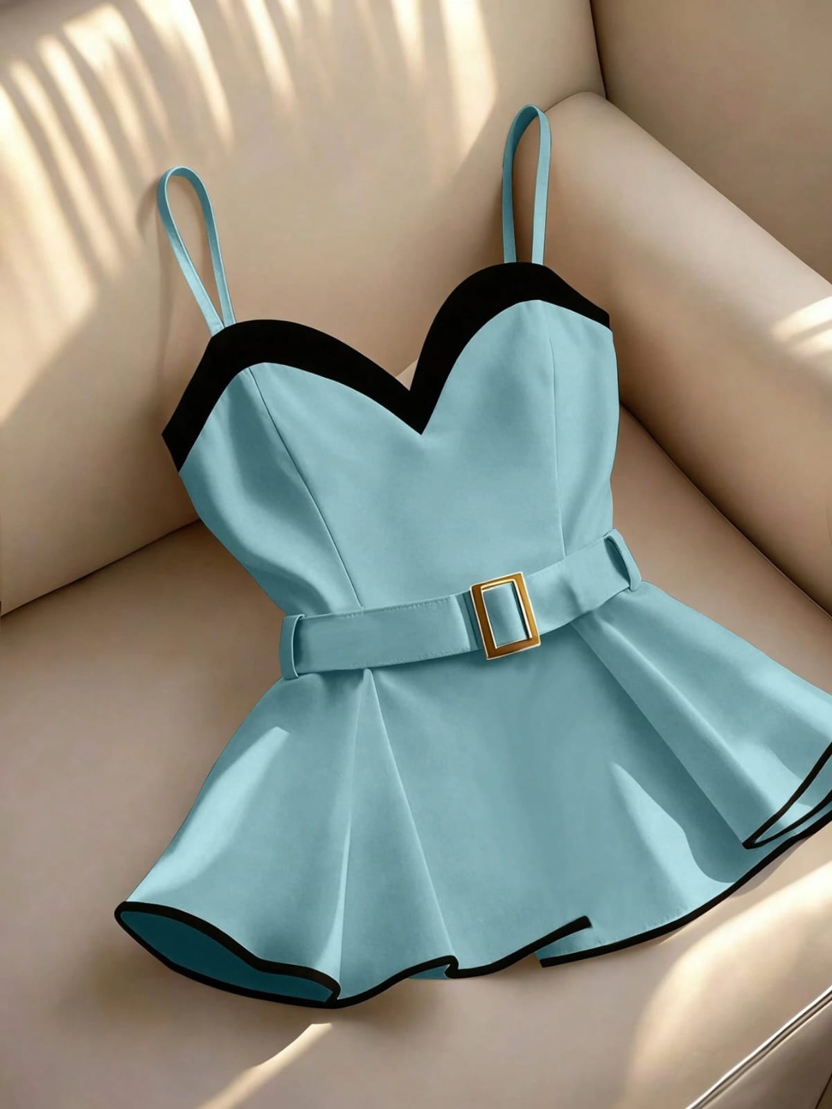 BLUSA DE TIRANTES CON CUELLO DE CORAZÓN Y CINTURÓN CON HEBILLA DORADA