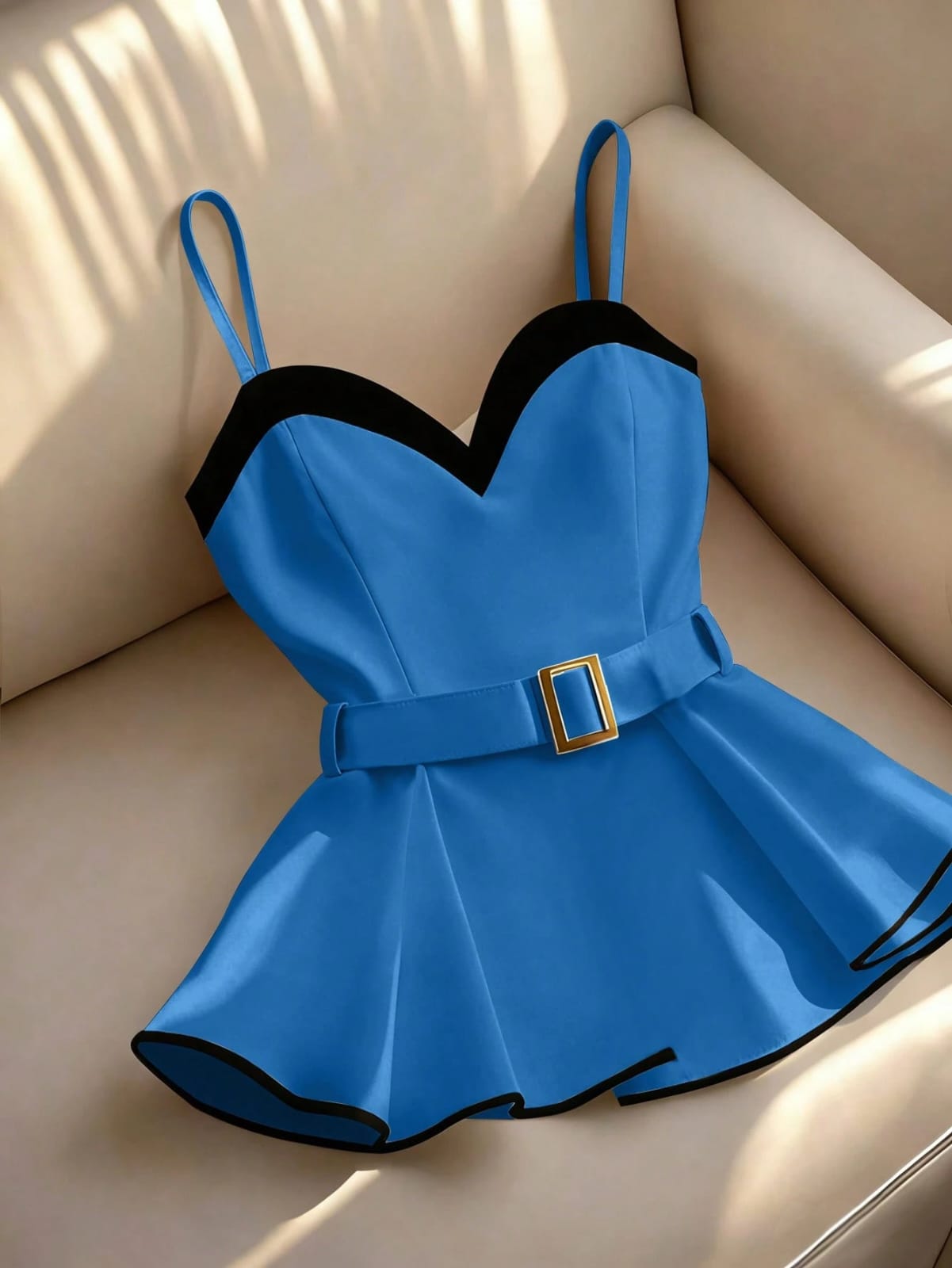 BLUSA DE TIRANTES CON CUELLO DE CORAZÓN Y CINTURÓN CON HEBILLA DORADA