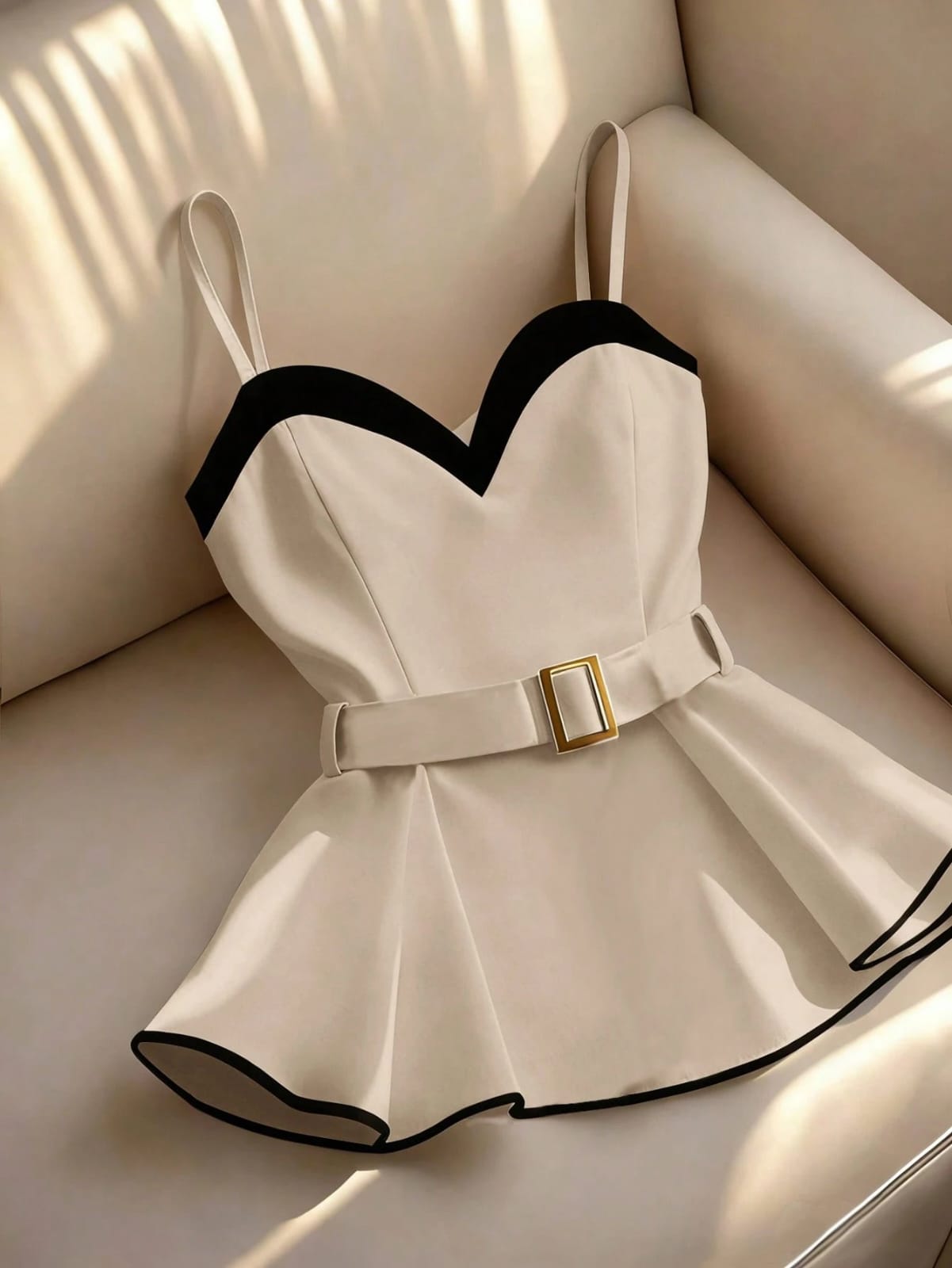 BLUSA DE TIRANTES CON CUELLO DE CORAZÓN Y CINTURÓN CON HEBILLA DORADA