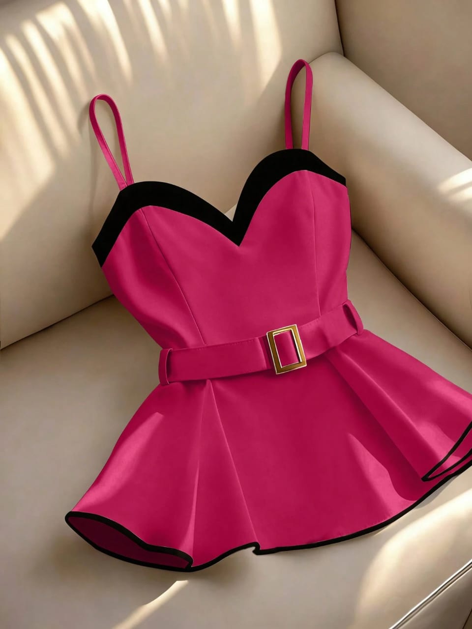 BLUSA DE TIRANTES CON CUELLO DE CORAZÓN Y CINTURÓN CON HEBILLA DORADA