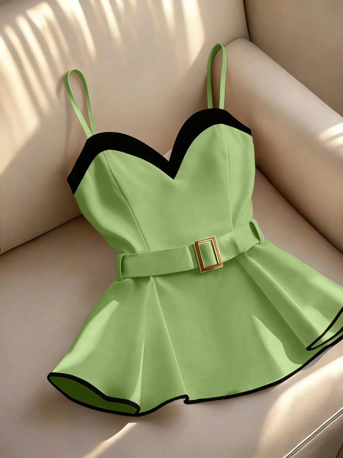 BLUSA DE TIRANTES CON CUELLO DE CORAZÓN Y CINTURÓN CON HEBILLA DORADA