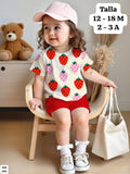 CONJUNTO DE FRESAS CAMISA BEIGE Y SHORT ROJO DE NIÑA