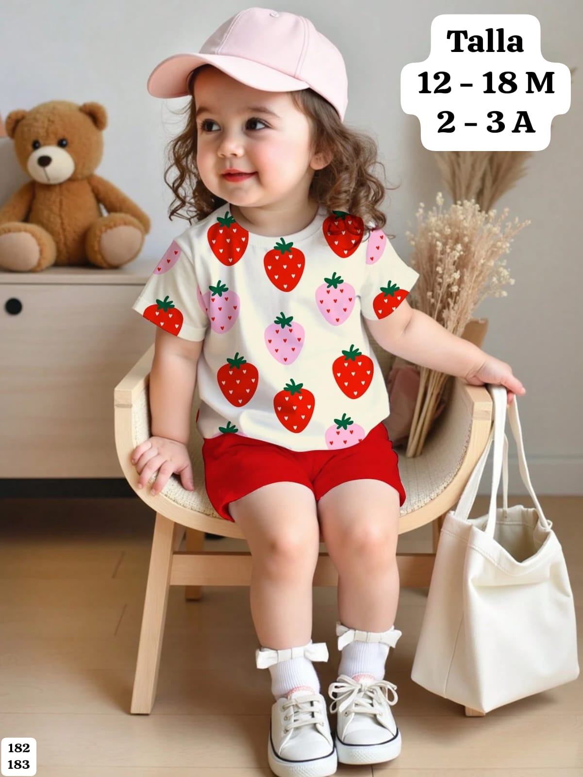 CONJUNTO DE FRESAS CAMISA BEIGE Y SHORT ROJO DE NIÑA