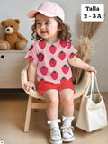 CONJUNTO DE FRESAS CAMISA ROSA Y SHORT ROJO PALIDO DE NIÑA