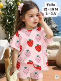 CONJUNTO DE FRESAS CAMISA ROSA Y SHORT ROSA DE NIÑA
