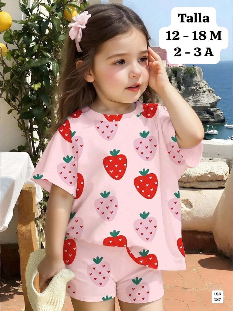 CONJUNTO DE FRESAS CAMISA ROSA Y SHORT ROSA DE NIÑA