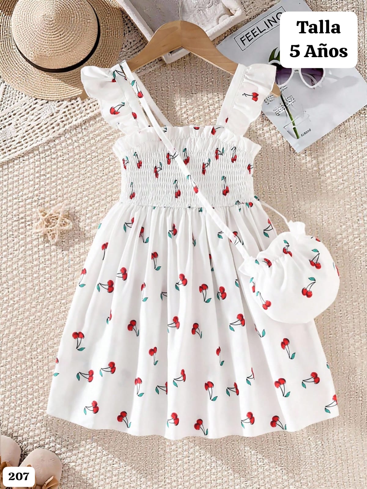 VESTIDO BLANCO CON CEREZA DE NIÑA + CARTERA