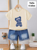 CONJUNTO DE SHORT Y CAMISA BEIGE DE OSO AZUL DE NIÑO