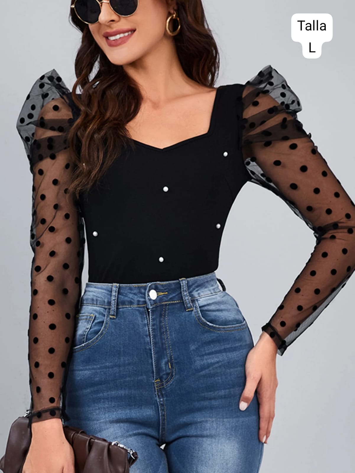 CAMISA NEGRA MANGA LARGA DE LUNARES