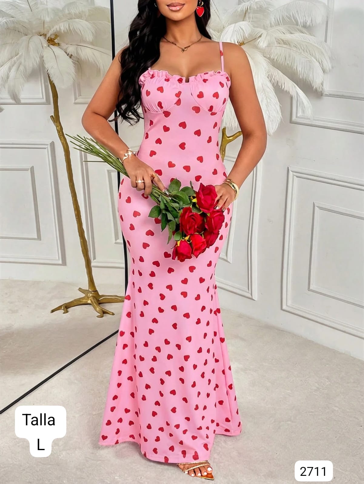 VESTIDO LARGO ROSA CON CORAZONES