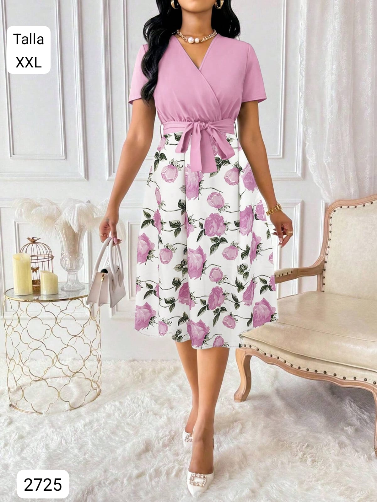 VESTIDO ROSA Y BLANCO CON ROSAS ROSAS DE MUJER