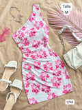 VESTIDO CORTO BLANCO CON FLORES ROSAS DE MUJER