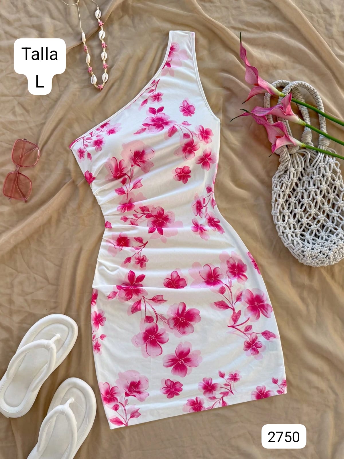 VESTIDO CORTO BLANCO CON FLORES ROSAS DE MUJER