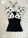 BLUSA NEGRA CON BLANCO Y LUNARES NEGROS