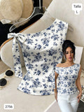 BLUSA BLANCA CON DETALLES AZULADOS DE MUJER