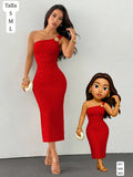 VESTIDO ROJO ROJO Y AJUSTADO CON DIJE Y CUELLO ASIMETRICO DE MUJER