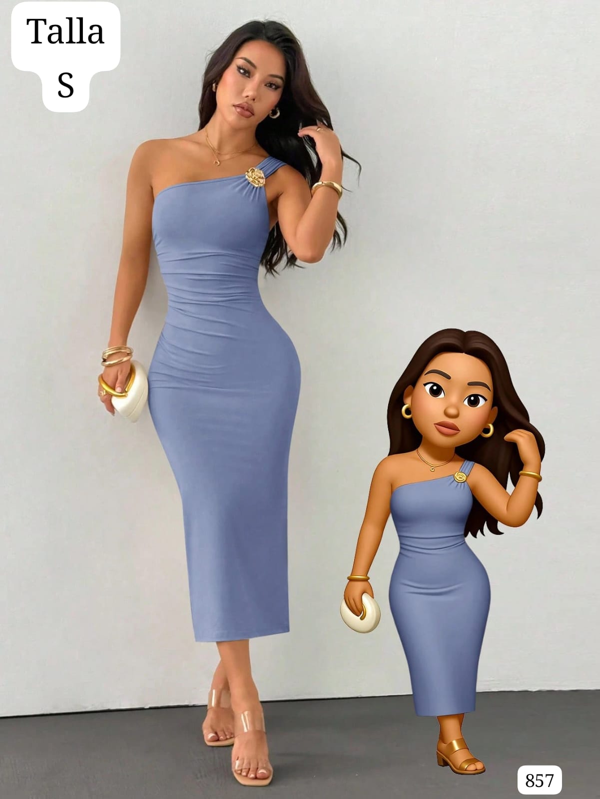 VESTIDO AZUL NEBLINA Y AJUSTADO CON DIJE Y CUELLO ASIMETRICO DE MUJER