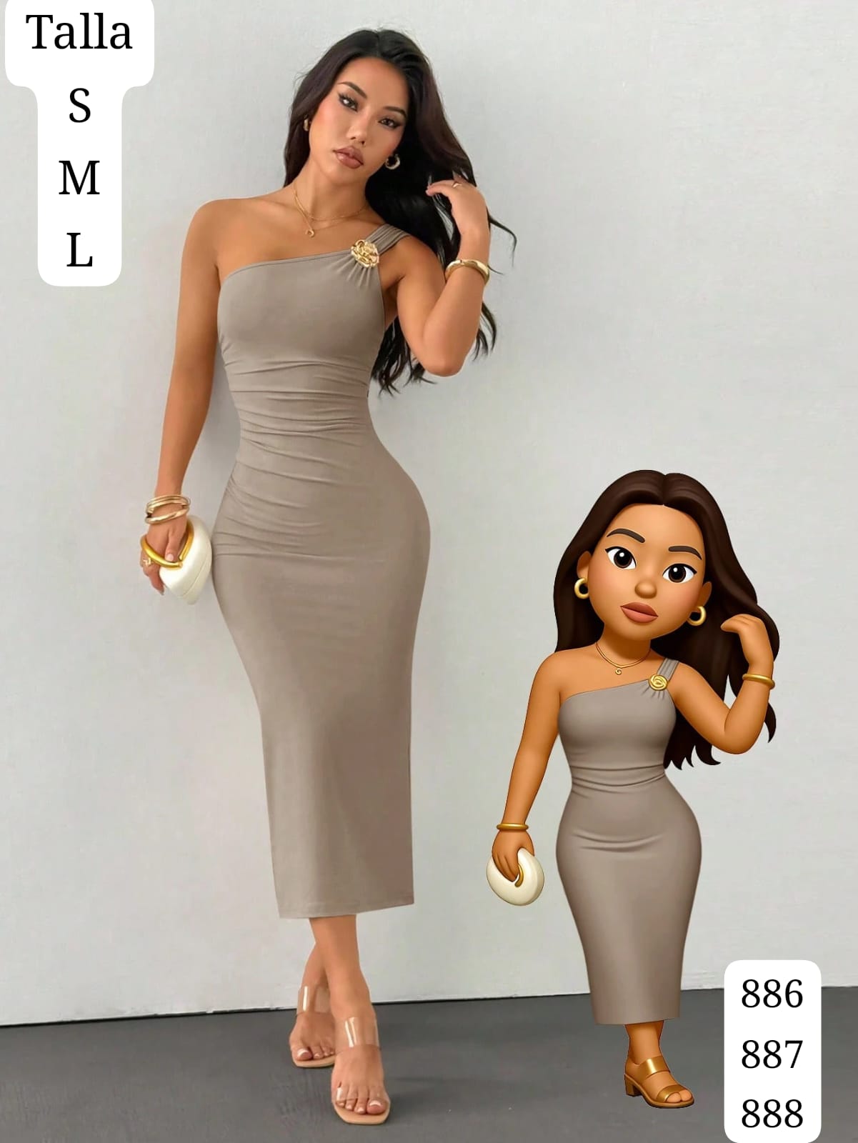 VESTIDO GRIS CLARO Y AJUSTADO CON DIJE Y CUELLO ASIMETRICO DE MUJER