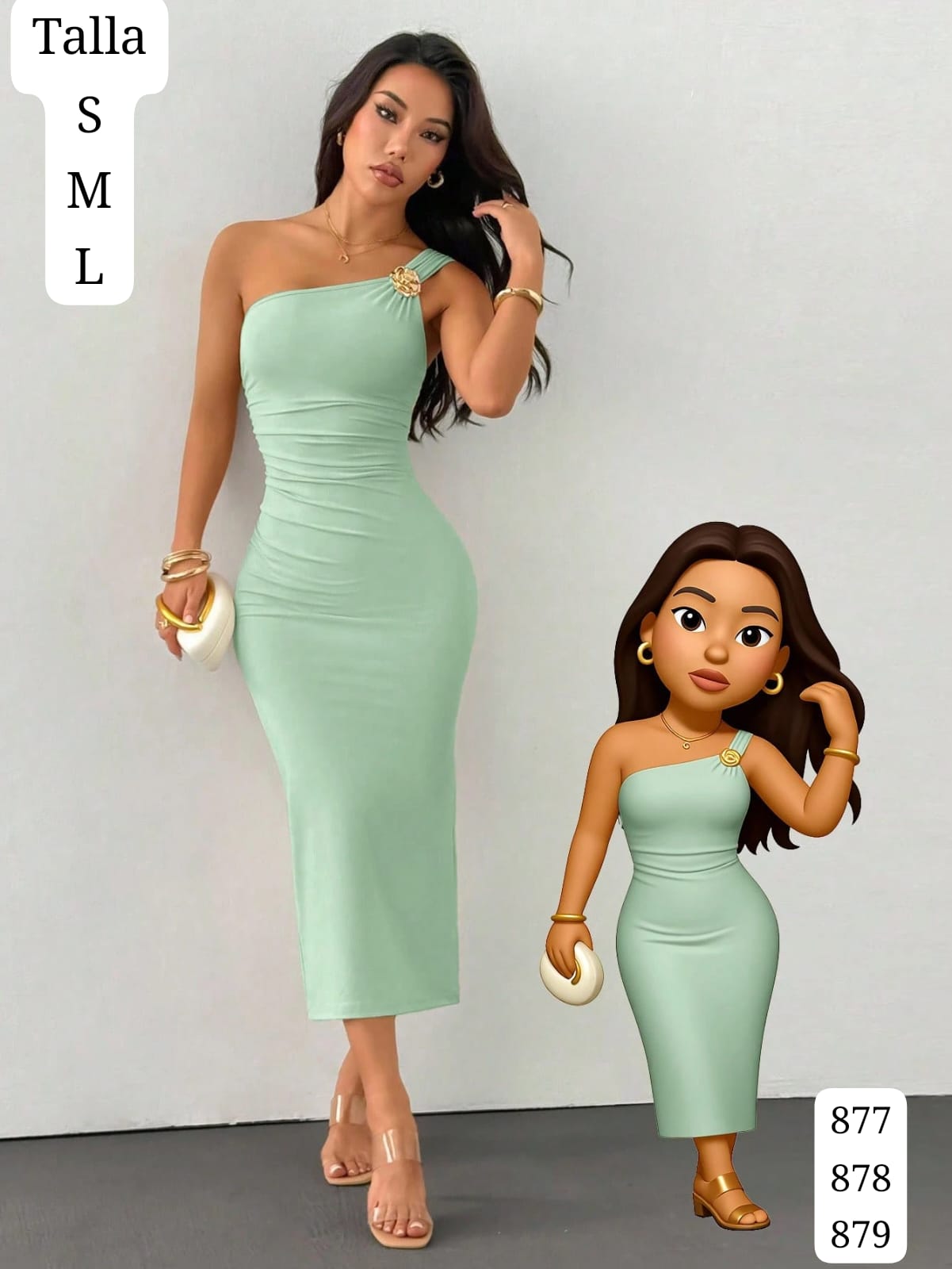 VESTIDO VERDE MENTA Y AJUSTADO CON DIJE Y CUELLO ASIMETRICO DE MUJER