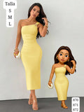 VESTIDO AMARILLO Y AJUSTADO CON DIJE Y CUELLO ASIMETRICO DE MUJER