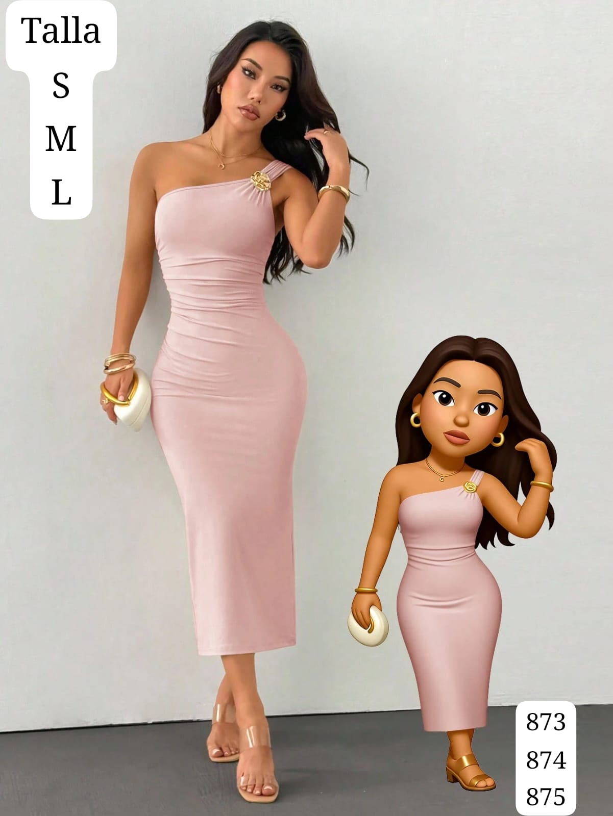 VESTIDO ROSA PALIDO Y AJUSTADO CON DIJE Y CUELLO ASIMETRICO DE MUJER