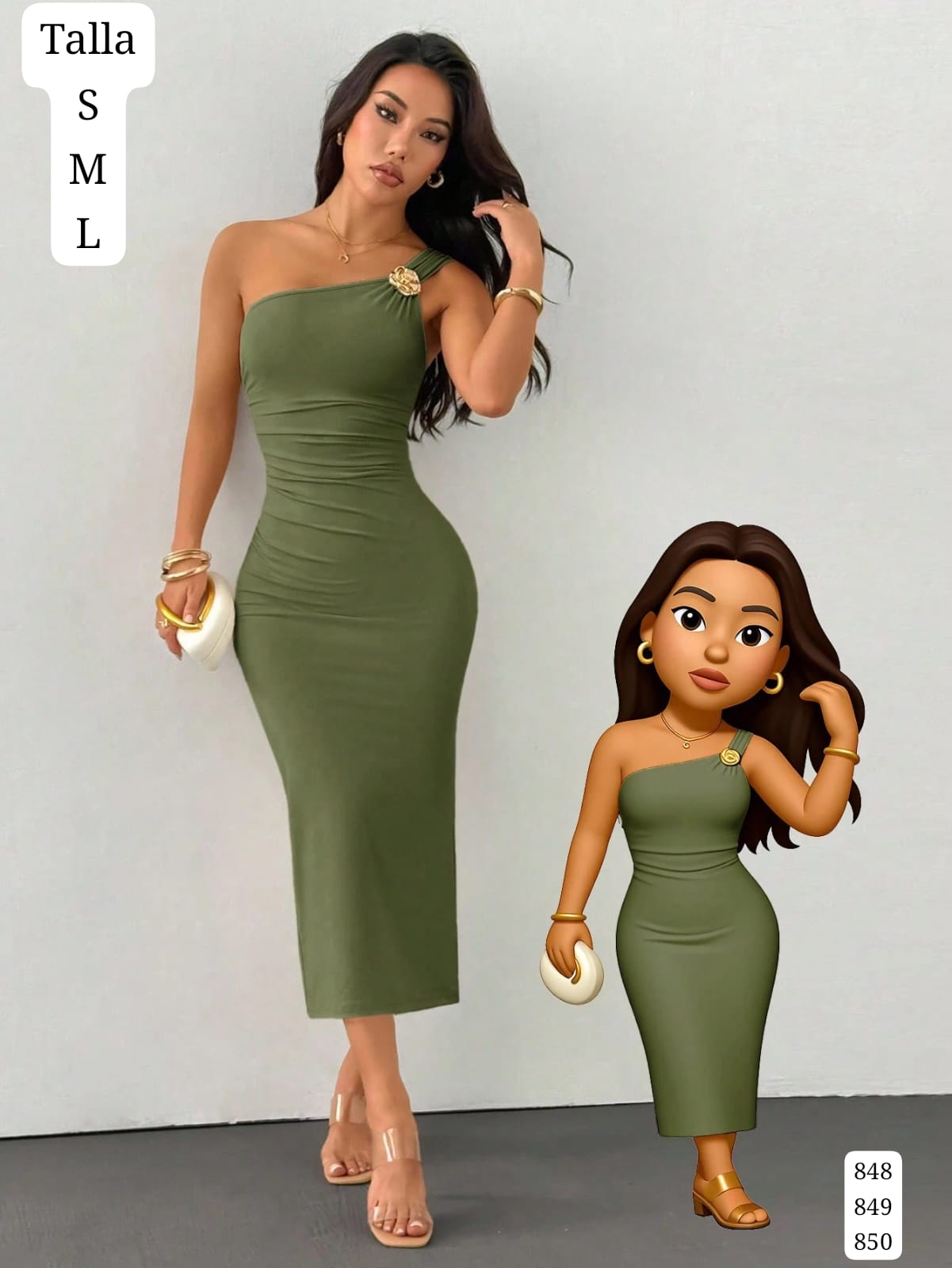 VESTIDO VERDE MILITAR Y AJUSTADO CON DIJE Y CUELLO ASIMETRICO DE MUJER