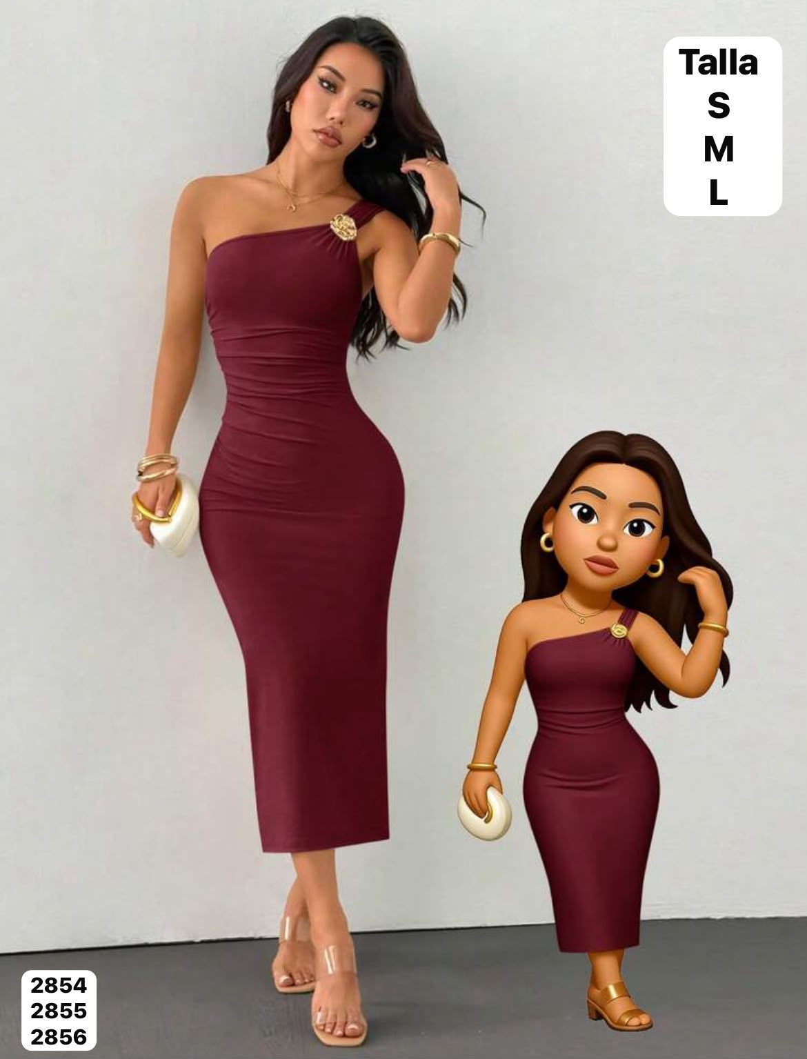 VESTIDO ROJO VINO Y AJUSTADO CON DIJE Y CUELLO ASIMETRICO DE MUJER