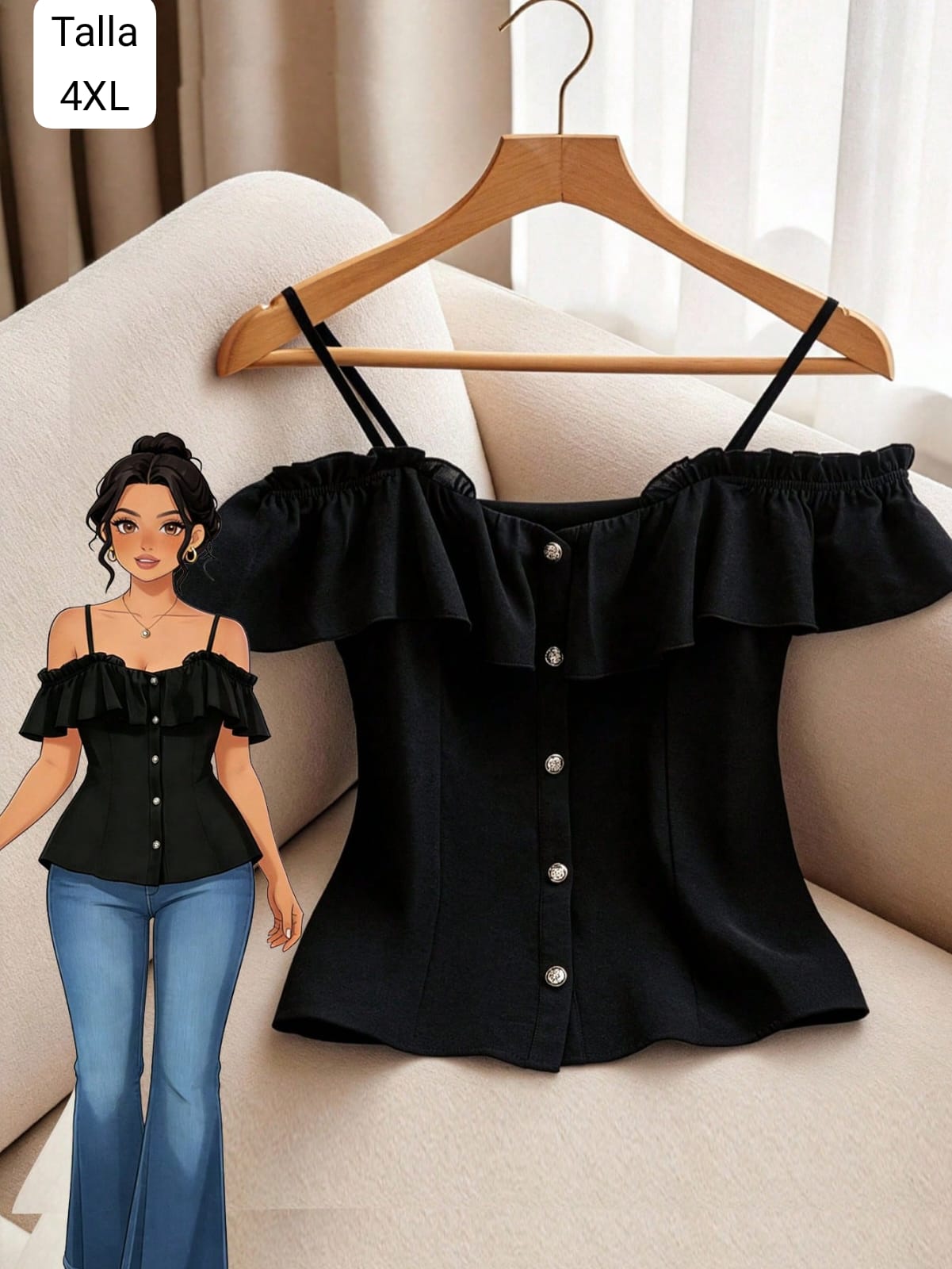 BLUSA NEGRA DE MUJER CAMPESINA Y TIRANTES