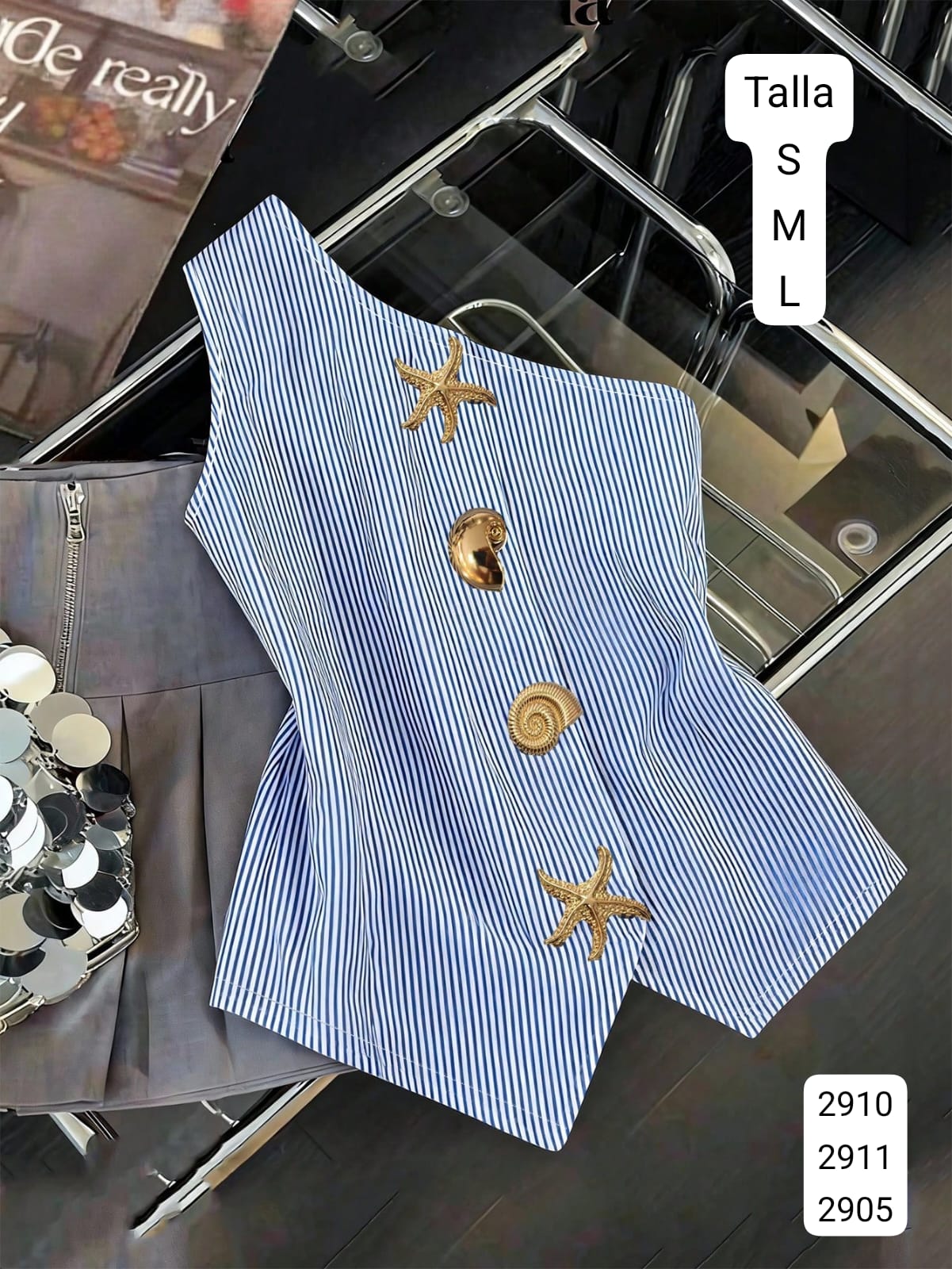 BLUSA RAYAS AZULES MANGA DIAGONAL CON DIJEN ESTILO MAR
