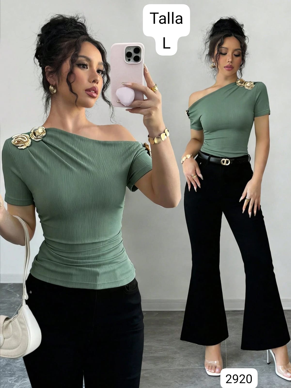 BLUSA VERDE MENTA MANGA CORTA Y CUELLO DIAGONAL CON DIJE