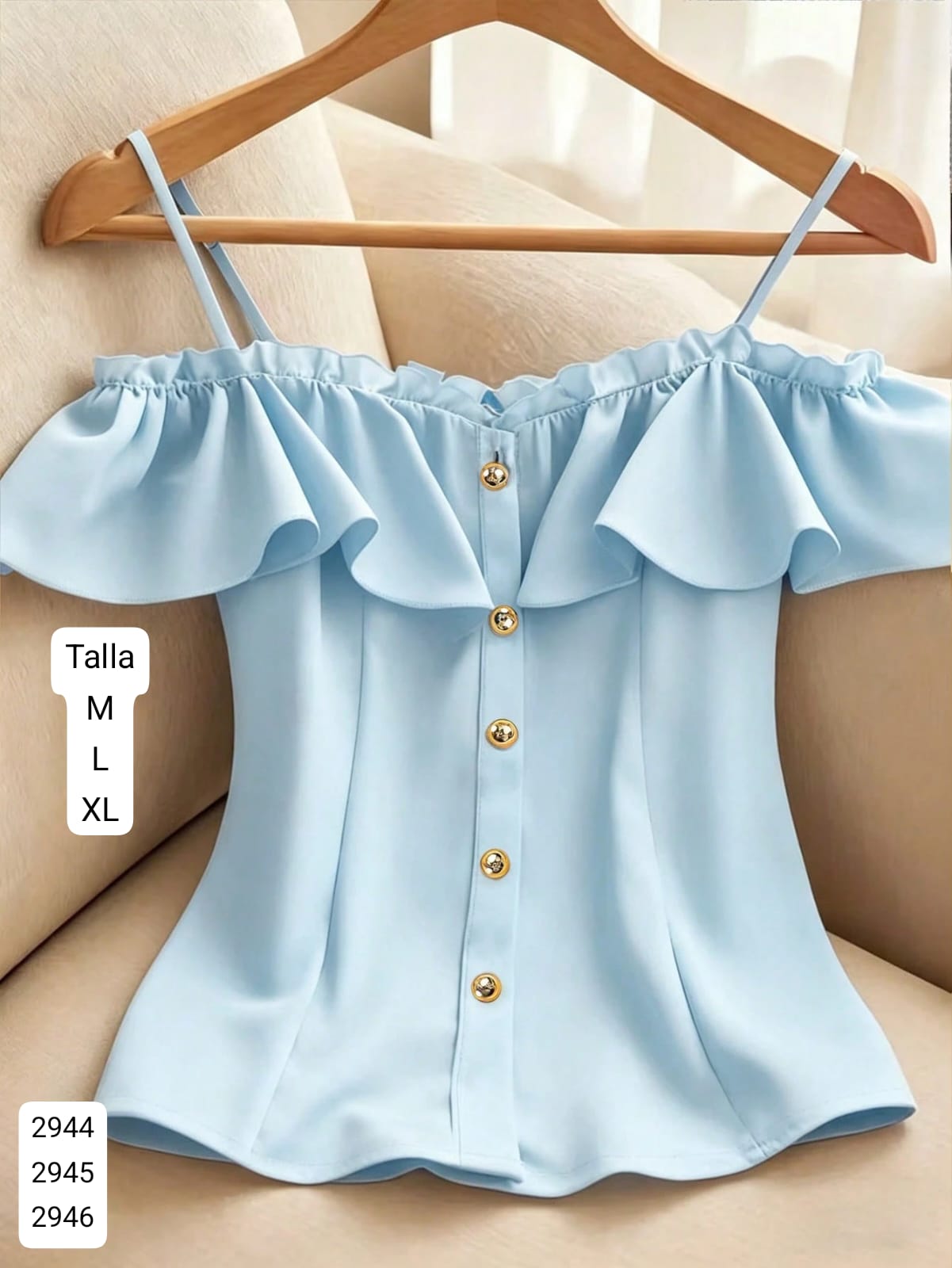 BLUSA CELESTE DE MUJER CAMPESINA Y TIRANTES