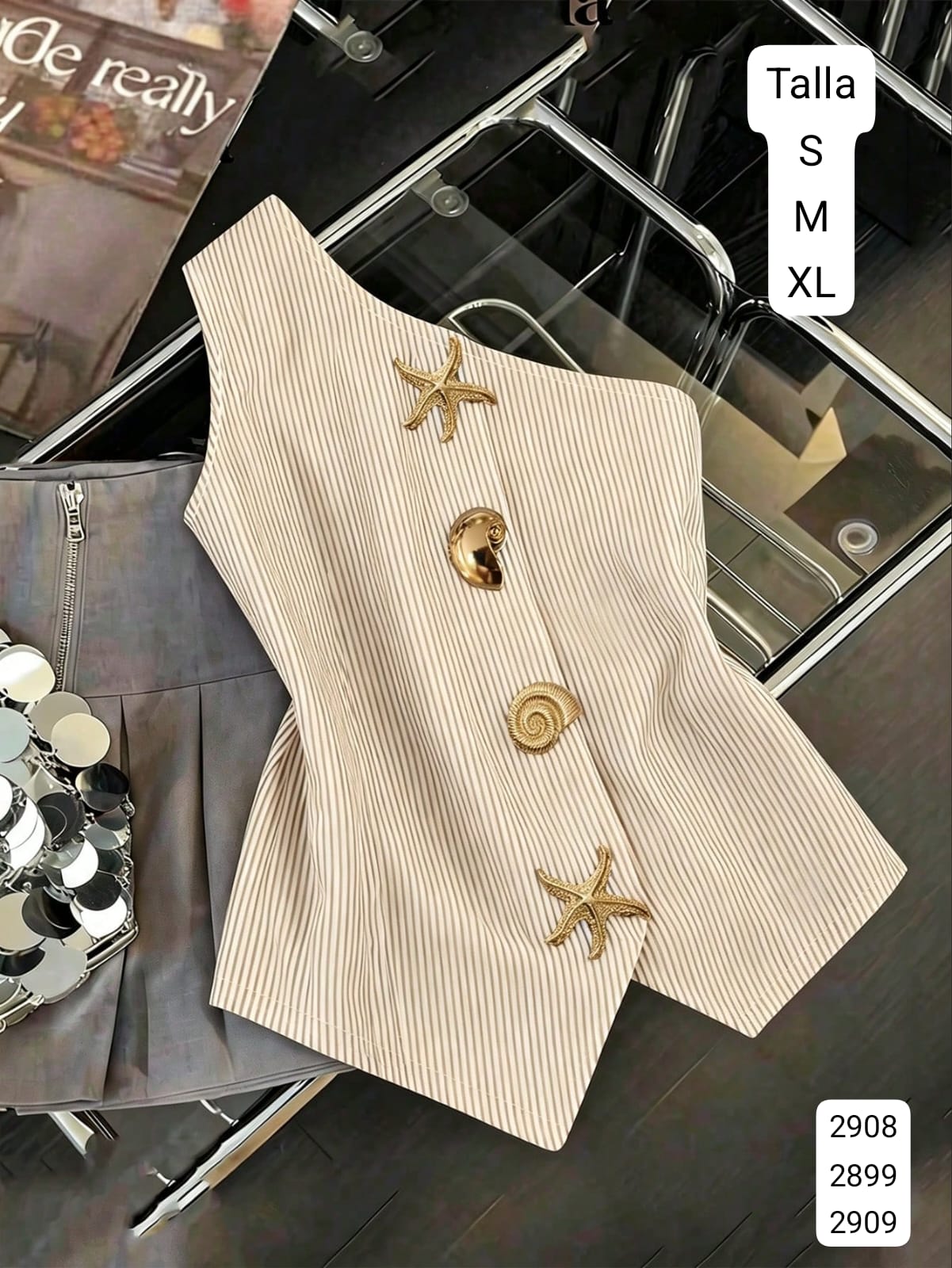 BLUSA RAYAS AMARILLAS MANGA DIAGONAL CON DIJEN ESTILO MAR
