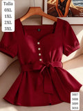 BLUSA ROJA CON ESCOTE DE CORAZON Y PERLAS ESTILO BOTONES DE MUJER