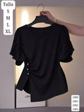 BLUSA NEGRA DISEÑO ASIMETRICO CUELLO REDONDO Y MANGA CORTA DE MUJER