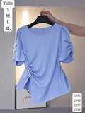 BLUSA CELESTE DISEÑO ASIMETRICO CUELLO REDONDO Y MANGA CORTA DE MUJER