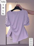 BLUSA LILA DISEÑO ASIMETRICO CUELLO REDONDO Y MANGA CORTA DE MUJER