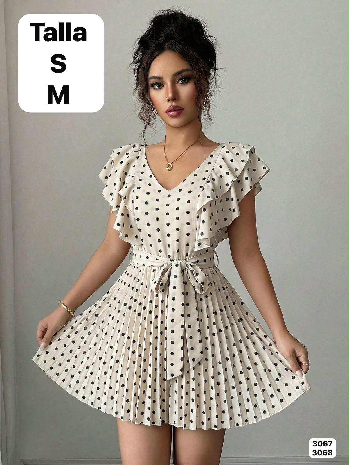 VESTIDO CREMA CUELLO V CON ESTAMPADO DE LUNARES DE DAMA